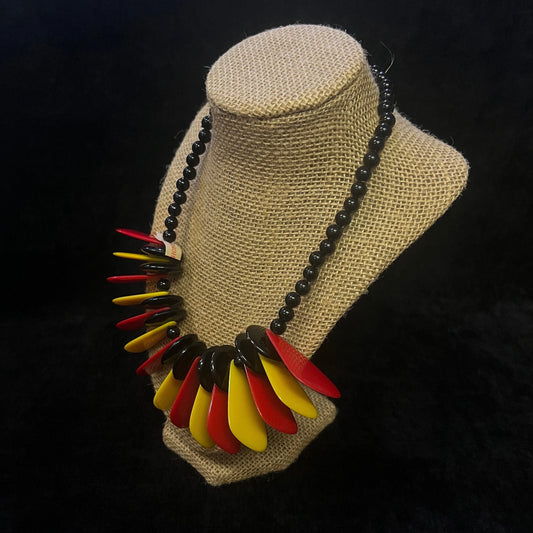 Mid Century Classic Disk Bead Necklace in Red, Yellow, and Black