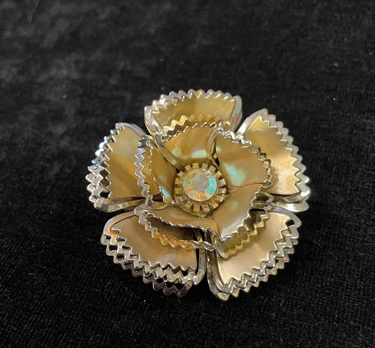 Scalloped Layered Metal Flower Petals with Aurora Borealis Crystal Center - Large Flower Brooch with Aurora Borealis Crystal Rhinestone