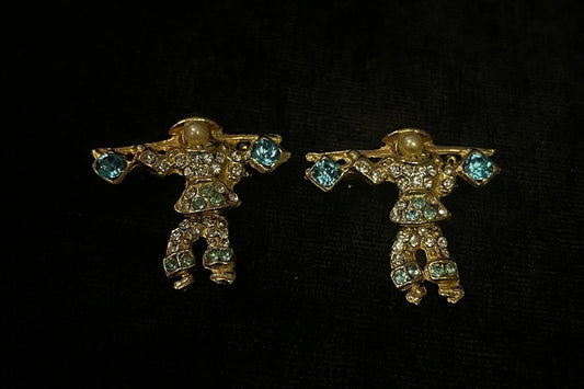Chinese Farmer Moveable Pins Blue Rhinestone and Pearl Set of 2