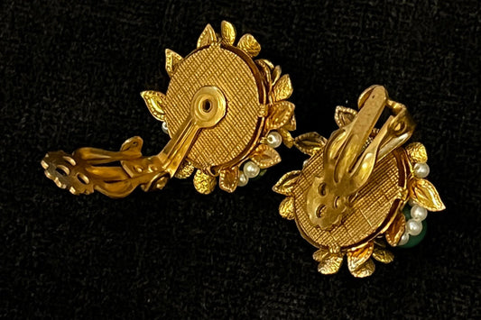 Gold, Pearl and Jade Flower Cluster Clip-On Earrings