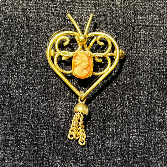 WELLS Mini Shell Cameo Mounted in a Gold Heart Pin - Unusual Shell Cameo Brooch