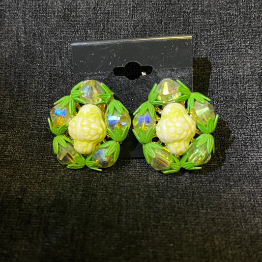 Hobe Clip on Earrings with Green Crystals Surrounding a Creamy Carved Center Settings  - Hobe Earrings in Green and Cream