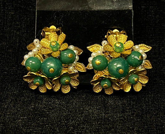 Gold, Pearl and Jade Flower Cluster Clip-On Earrings
