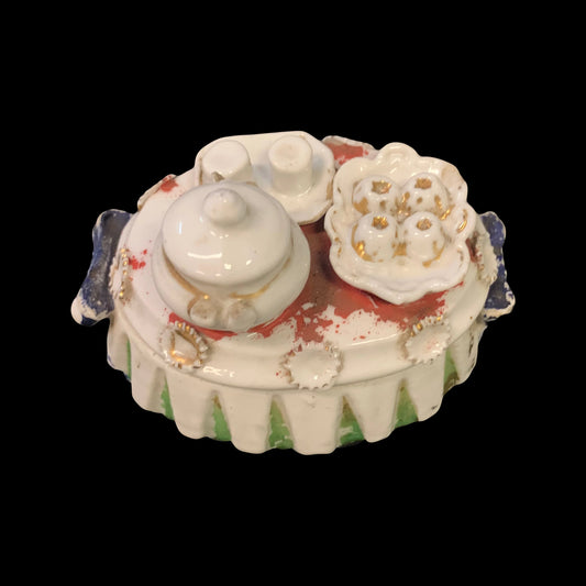 Victorian Era Fairing Trinket Box - Antique Fairing Trinket Box With Tea Set Top