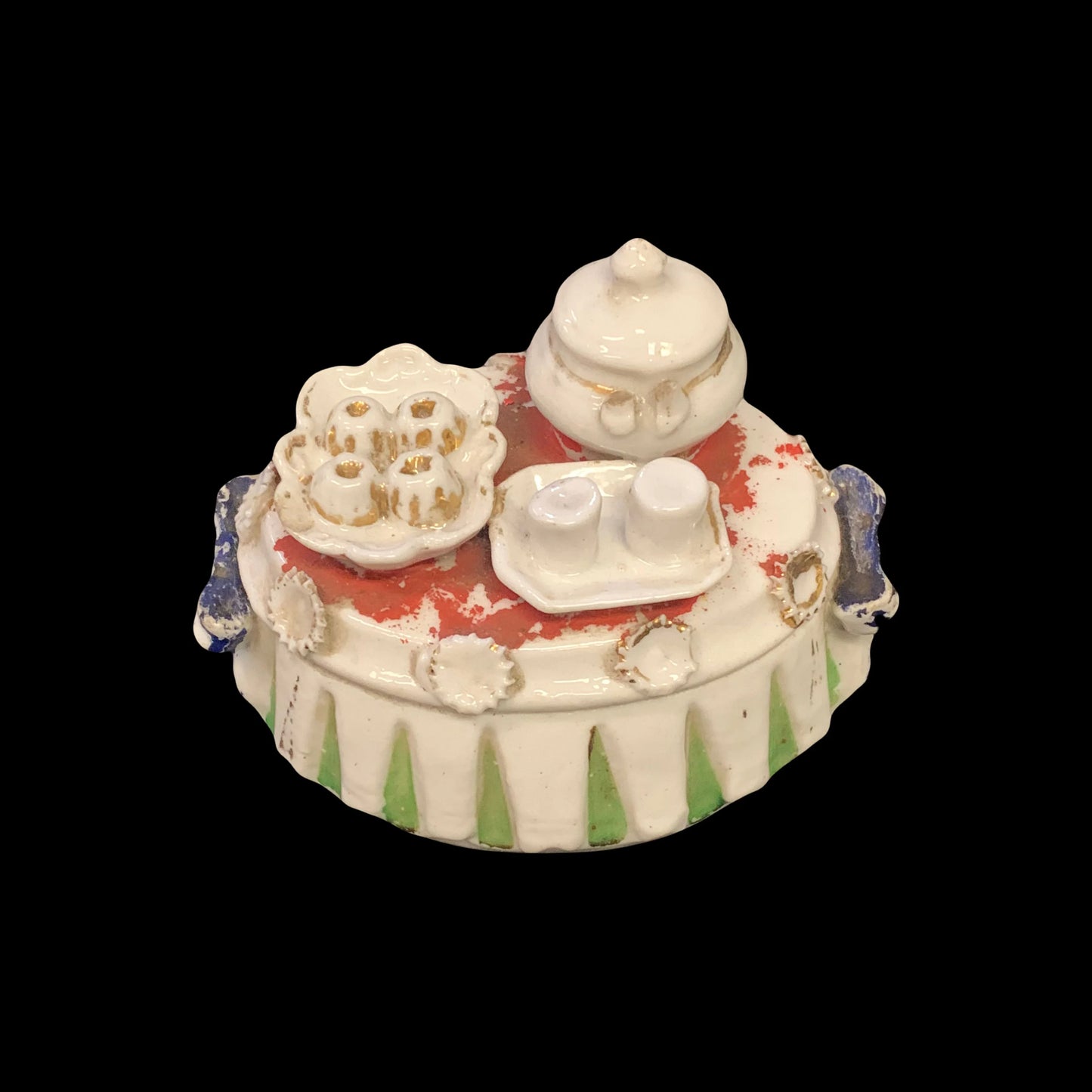 Victorian Era Fairing Trinket Box - Antique Fairing Trinket Box With Tea Set Top