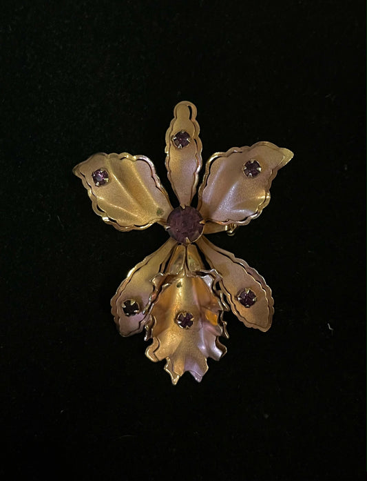 Rose Gold Plated Flower Brooch - Vintage - Iris - Purple Crystals