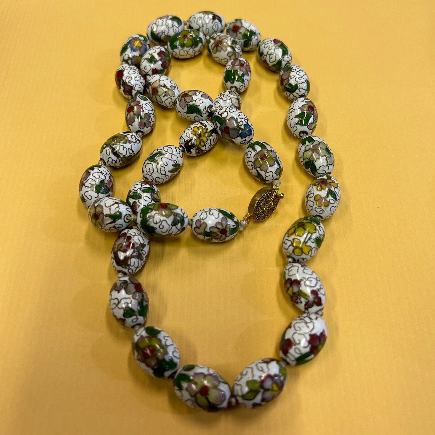 Hand Knotted Chinese Cloissone Necklace - Gold inlay - Vintage Chinoiserie Necklace