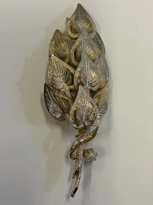 Puccini Original Golden Leaves Brooch - Faux Pearl Accent - Mid Century large 4" Puccini Original Vintage Brooch