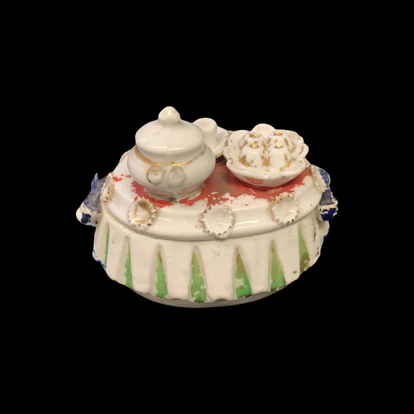 Victorian Era Fairing Trinket Box - Antique Fairing Trinket Box With Tea Set Top