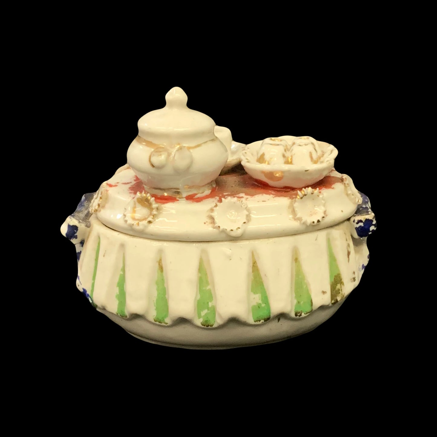 Victorian Era Fairing Trinket Box - Antique Fairing Trinket Box With Tea Set Top