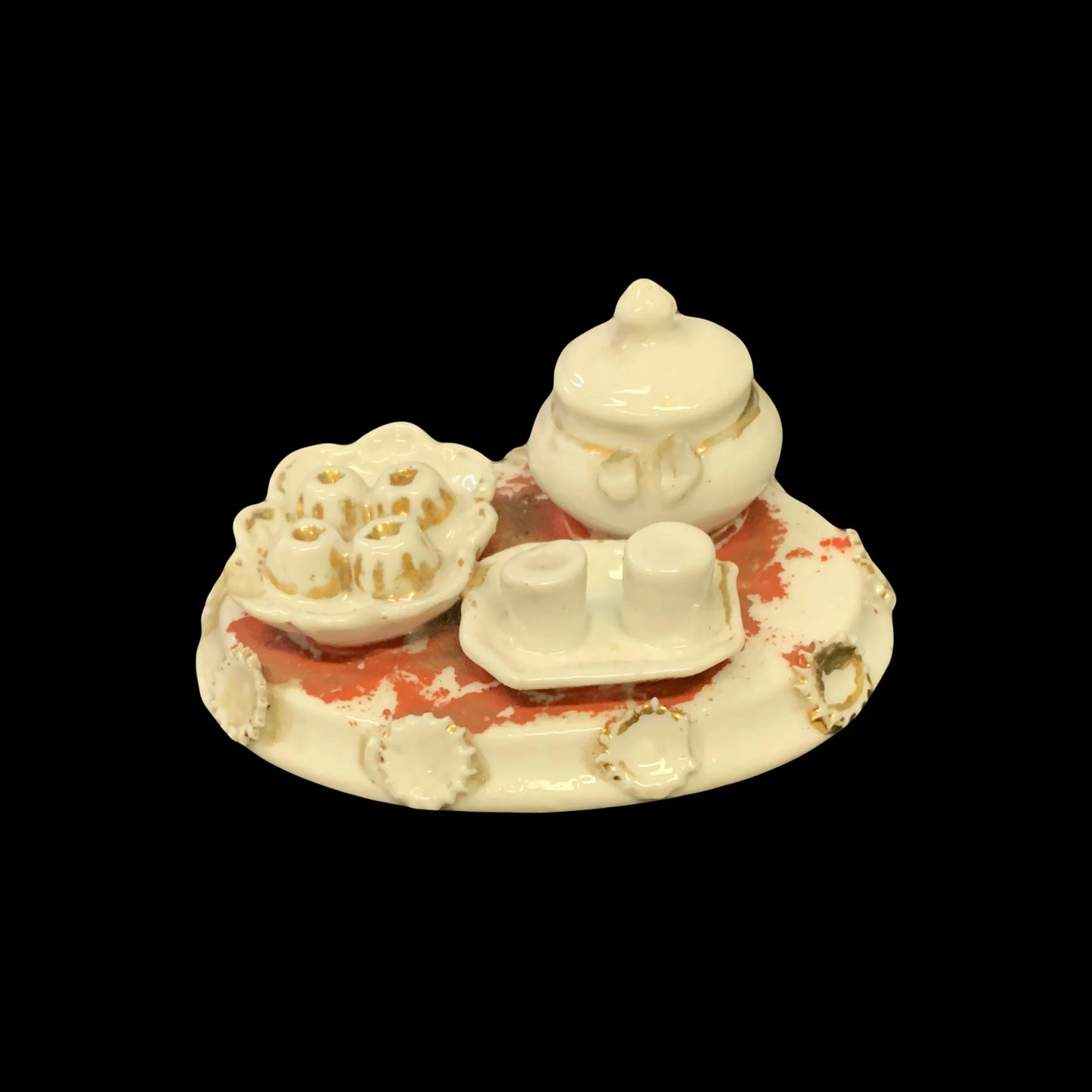 Victorian Era Fairing Trinket Box - Antique Fairing Trinket Box With Tea Set Top