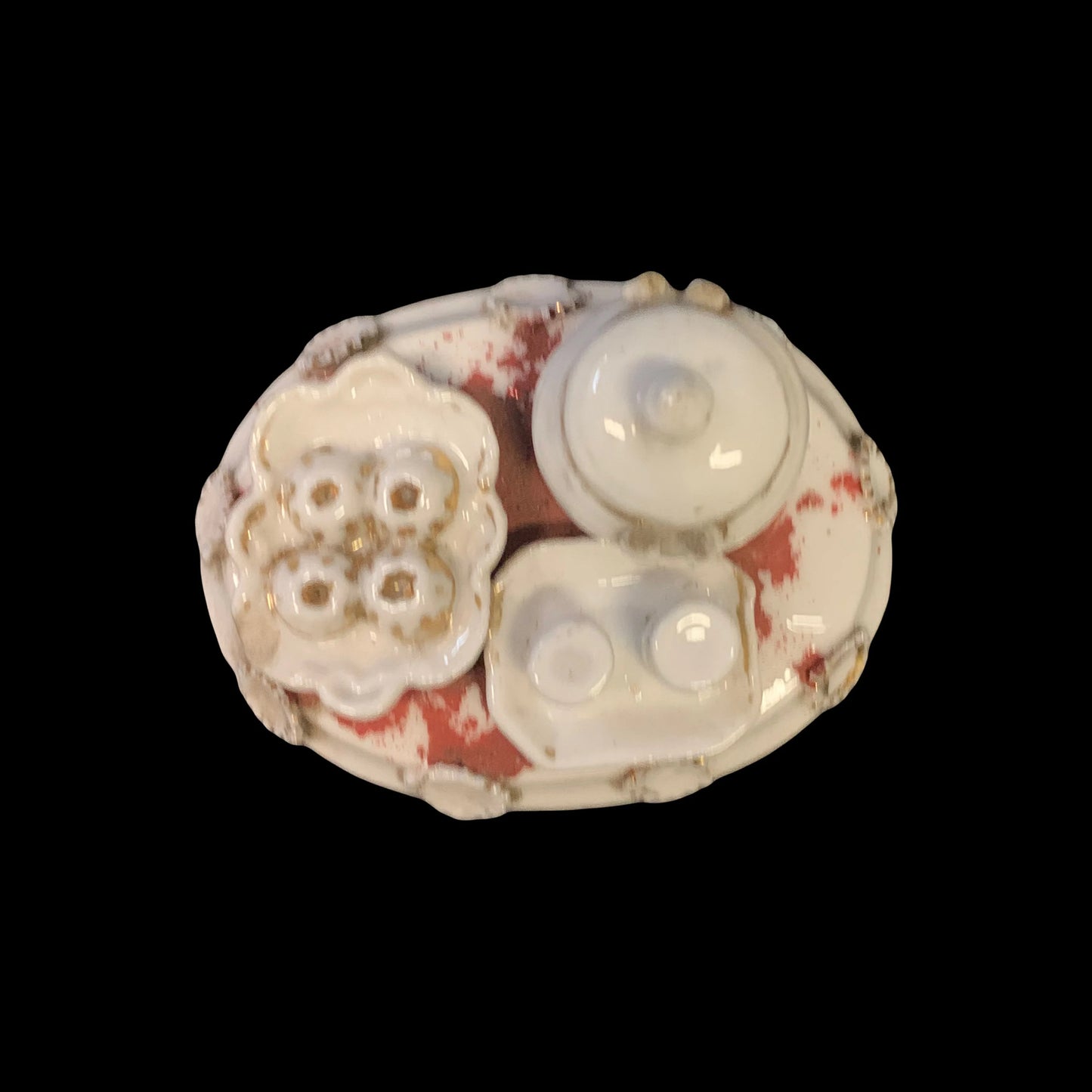 Victorian Era Fairing Trinket Box - Antique Fairing Trinket Box With Tea Set Top