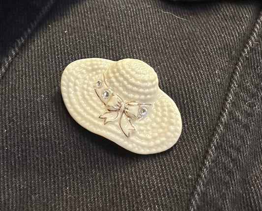 Lenox Straw Hat Brooch - Porcelain Sun Bonnet With Rhinestones and Gold Embellishments Lenox - Sun Bonnet Pin