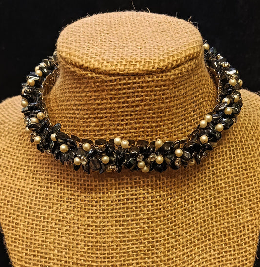 Black Onyx and Seed Pearls entwined with Crystal Choker - Stunning Vintage Necklace - Measures (Small) 11" length   h