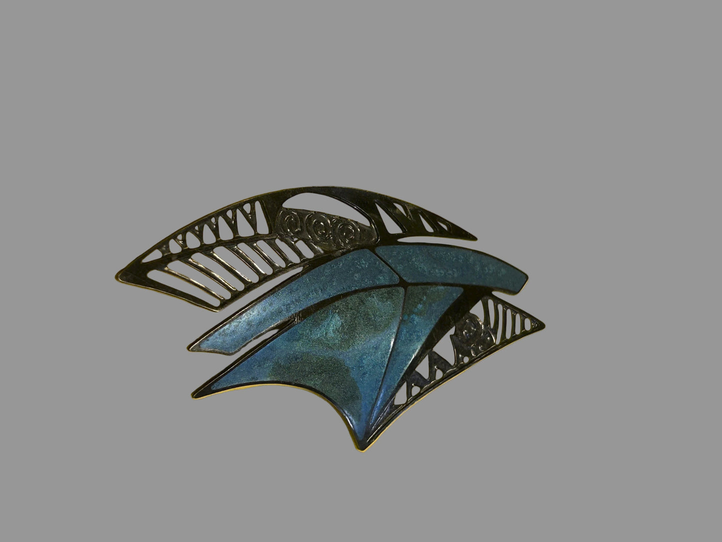 Signed Berebi Brooch - Japanned Metal and Blue Enamel - 1980s