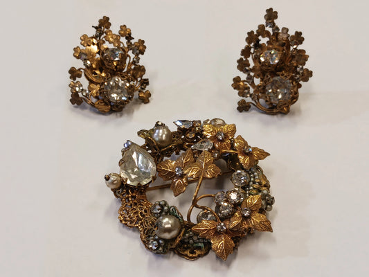 Vintage Signed Miriam Haskell Brooch and Earrings Set