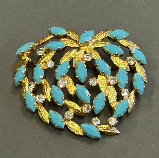 Turquoise and Gold Metal Brooch With Clear Crystals - Vintage 1980s