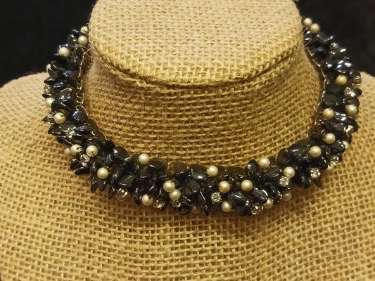 Black Onyx and Seed Pearls entwined with Crystal Choker - Stunning Vintage Necklace - Measures (Small) 11" length   h
