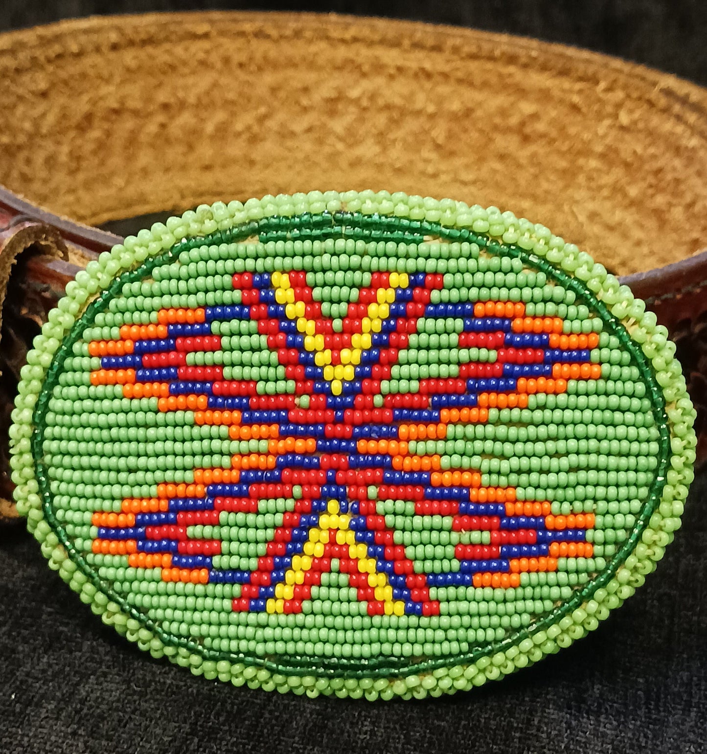 Genuine Top Grain Leather 36" Belt with Indigenous Bead-Work Buckle