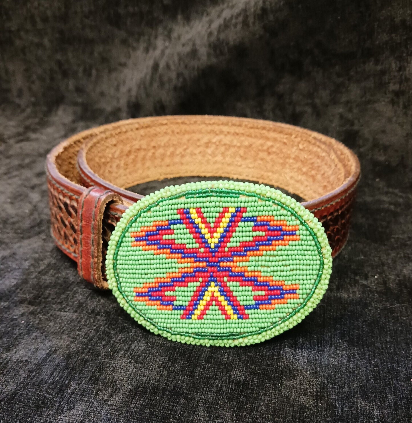 Genuine Top Grain Leather 36" Belt with Indigenous Bead-Work Buckle
