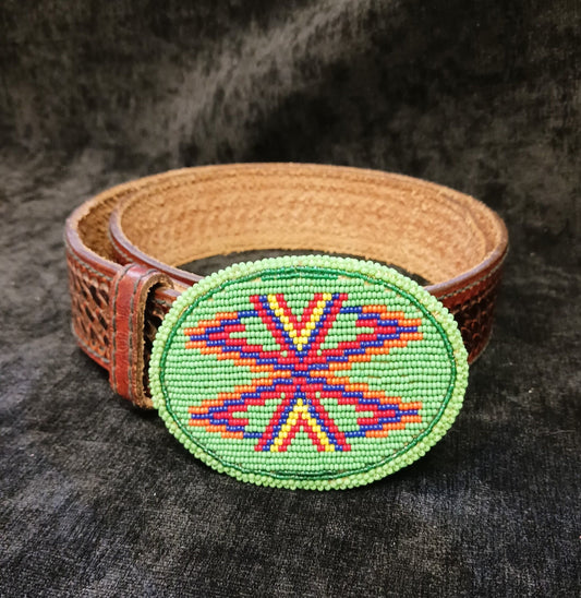 Genuine Top Grain Leather 36" Belt with Indigenous Bead-Work Buckle