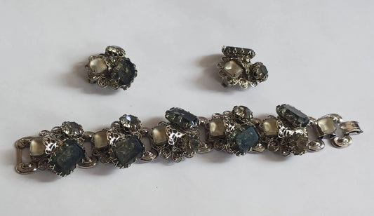 Chunky Rhinestone Bracelet and Clip-On Earring Set - Vintage 1960s