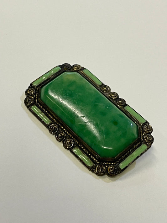Edwardian Art Nouveau Green Peking Glass Bar Pin - Victorian Jewelry of Glass