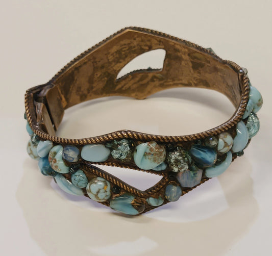 Aqua Glass and Brass Cuff Bracelet - Vintage 1950s Jewelry
