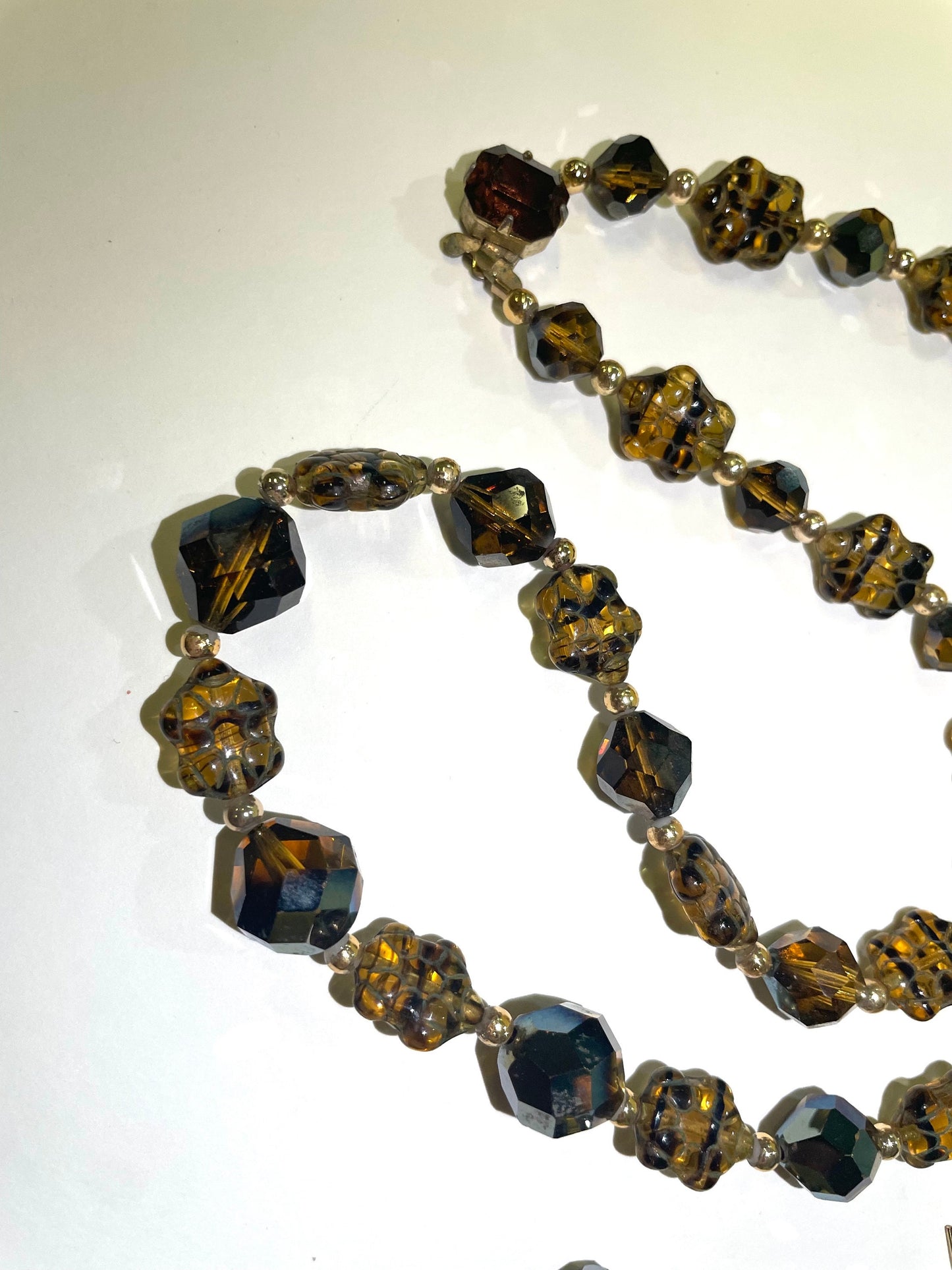 Aurora Borealis Austrian Crystal Settings With etched Murano Glass Tortoise Shell Beads in Honey and Black Colors. Sold as a Set