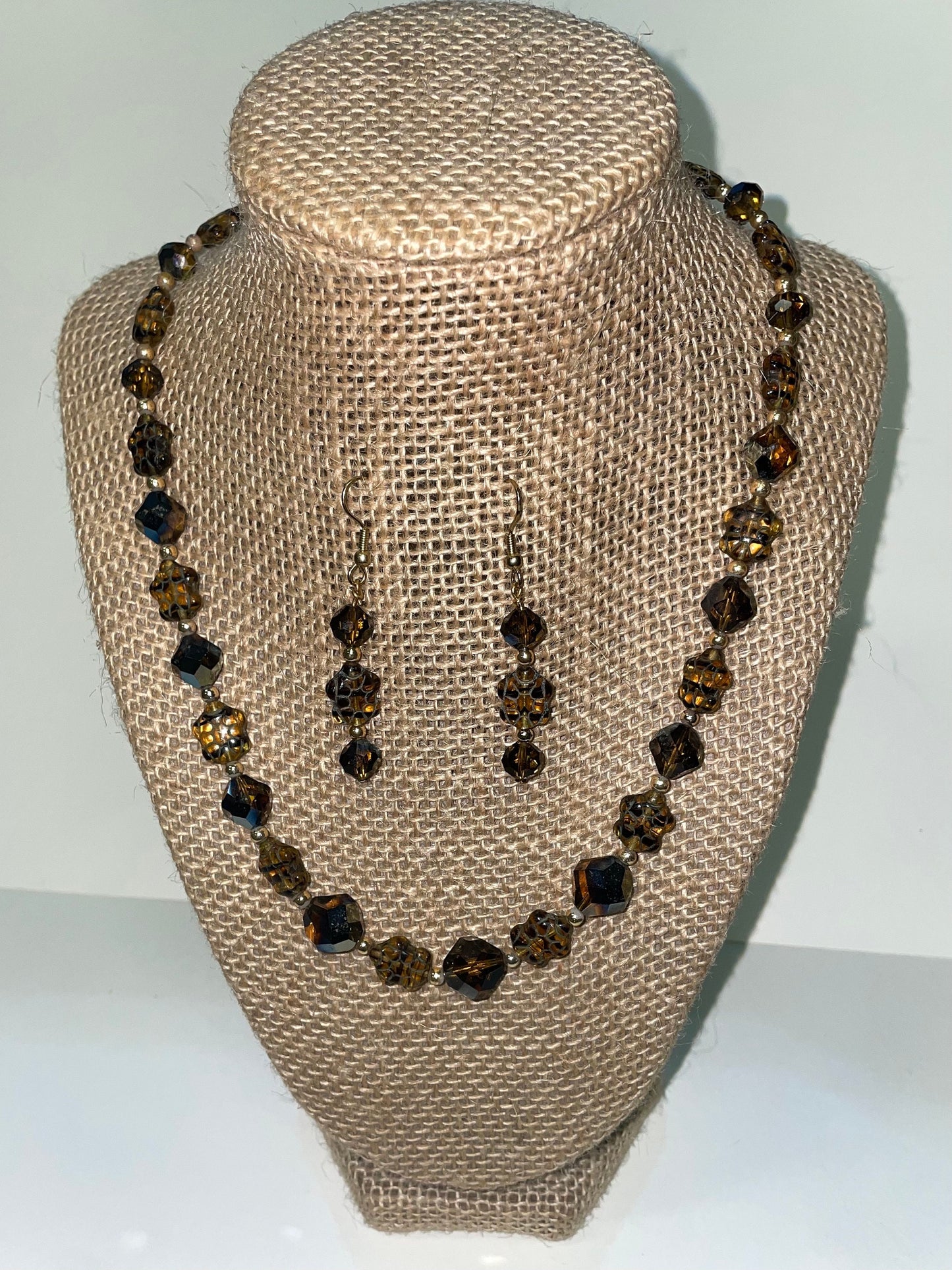 Aurora Borealis Austrian Crystal Settings With etched Murano Glass Tortoise Shell Beads in Honey and Black Colors. Sold as a Set