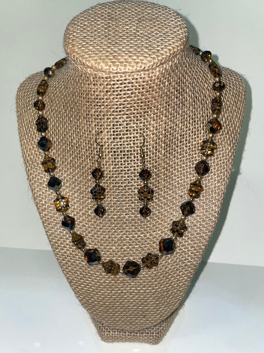 Aurora Borealis Austrian Crystal Settings With etched Murano Glass Tortoise Shell Beads in Honey and Black Colors. Sold as a Set