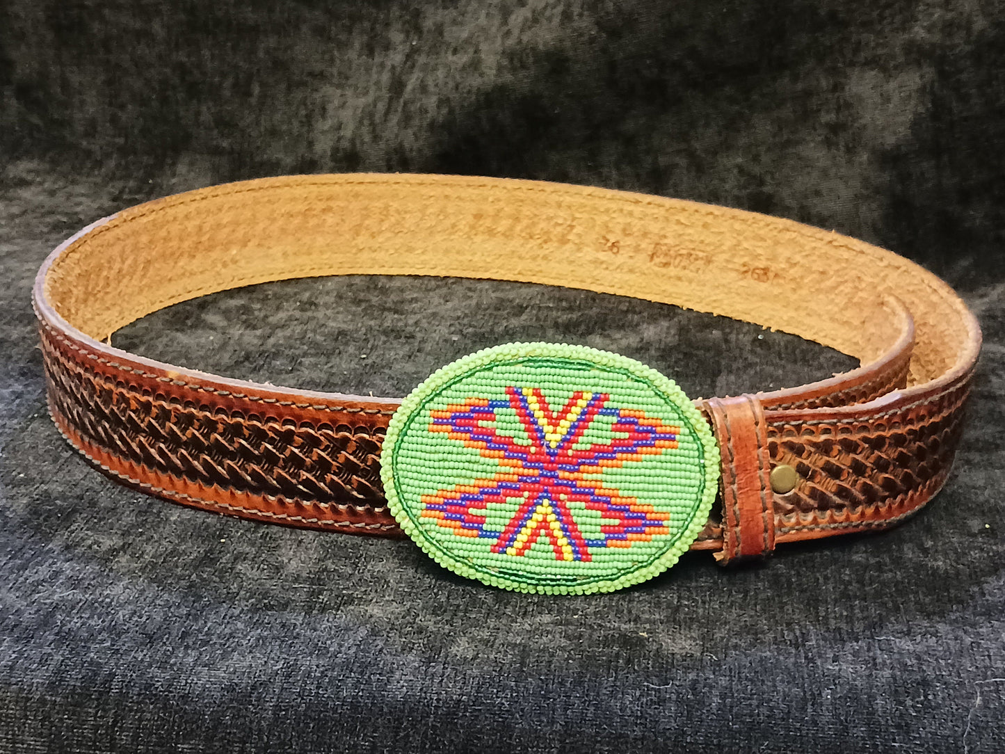 Genuine Top Grain Leather 36" Belt with Indigenous Bead-Work Buckle