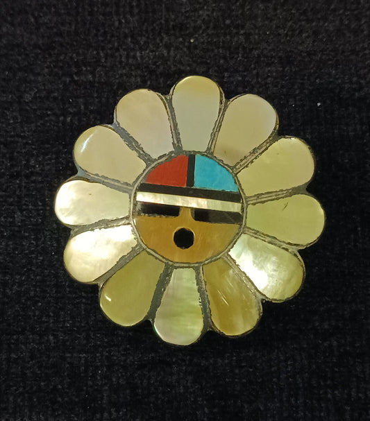 Zuni Sun Face Pin - Zuni Sun Face Pendant - Dual Use Zuni Pin/Pendant -  Shell, Tourquoise, Coral and Onyx Channel set on 9.25 Silver Base