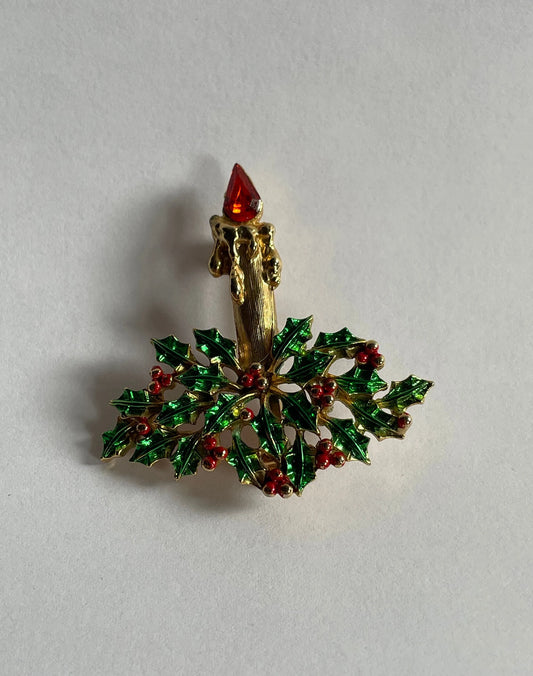 Jay Jacobs Enamel Christmas Candle with Holly Brooch/Pin