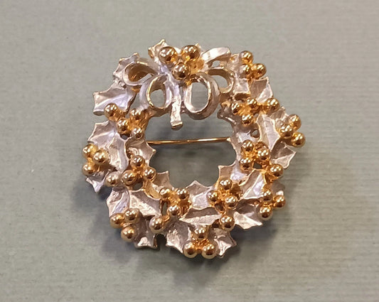 Two-Tone Holly Wreath Brooch - Silver Tone Base with Gold Tone Berries