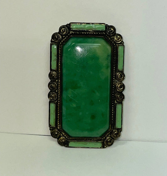 Edwardian Art Nouveau Green Peking Glass Bar Pin - Victorian Jewelry of Glass