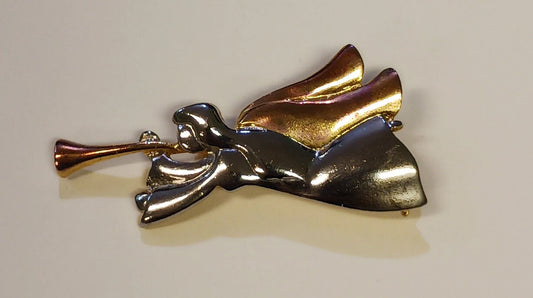 Liz Claiborne Two-Toned Angel Playing a Horn Brooch - Vintage 1980s