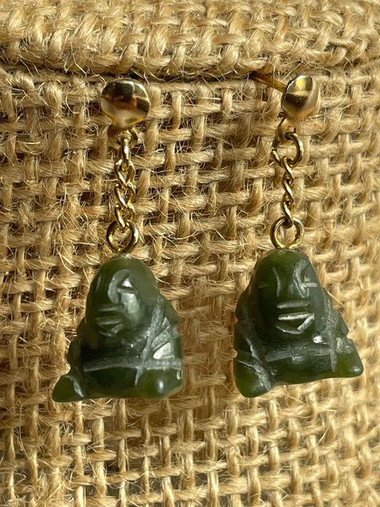 Hand Carved Jade Buddha Earrings - Vintage