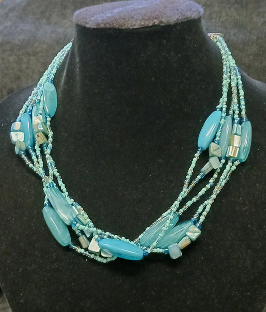 Five Strand Aqua Blue Glass Bead and Shell Necklace