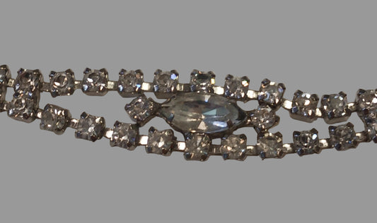 Double Strand Crystal Rhinestone Bracelet With Large Diamond Shaped Center - Vintage 1950s - Great Bridal Jewelry