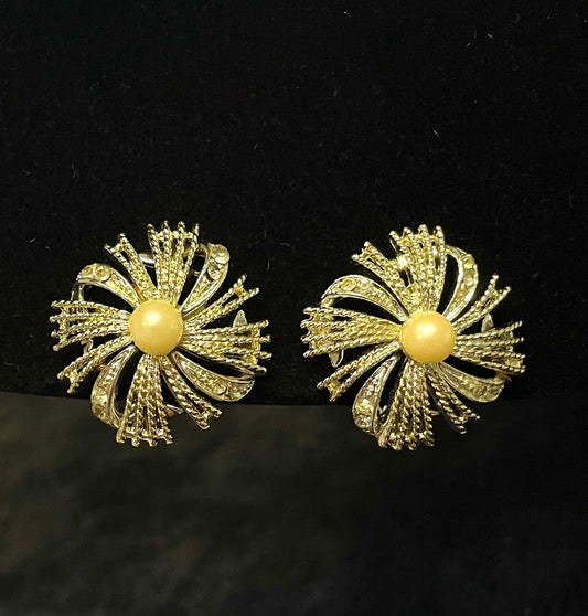 Coro Clip-On Earrings Pearl Center and Rhinestone Dual Tone