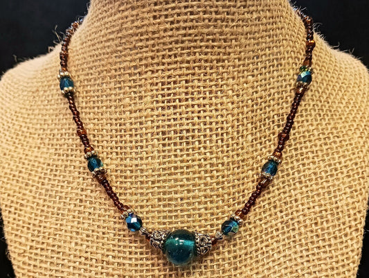 Beaded Necklace With Honey Brown and Blue Iridescent Glass - Vintage Glass Jewelry