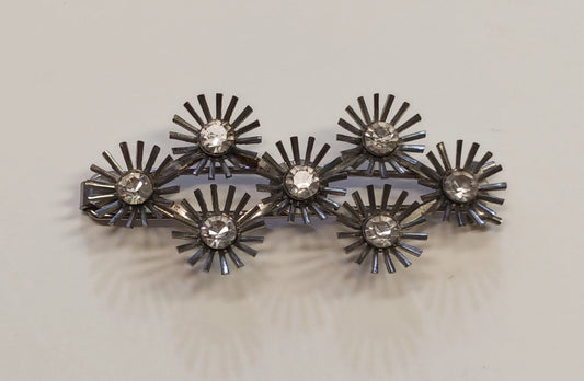 Hair Barrette with Cut Metal Flowers and Large Rhinestone Centers - Brutalist Accessories - Vintage 1960-70s