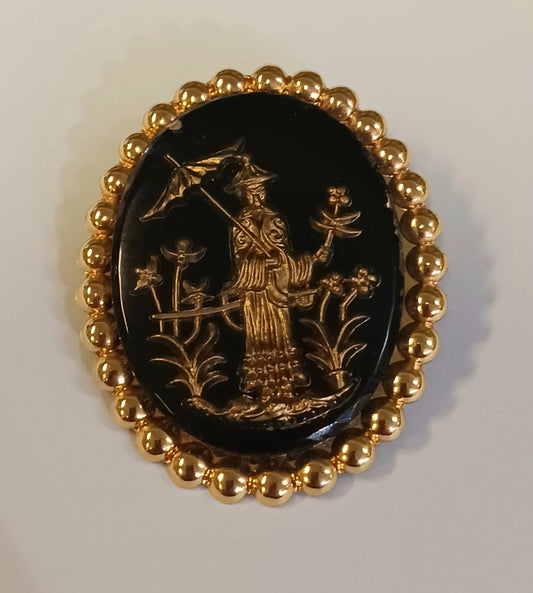 Black and Gold Tone Glass Brooch - Eastern Style Art Pin