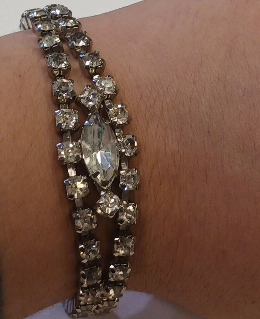 Double Strand Crystal Rhinestone Bracelet With Large Diamond Shaped Center - Vintage 1950s - Great Bridal Jewelry
