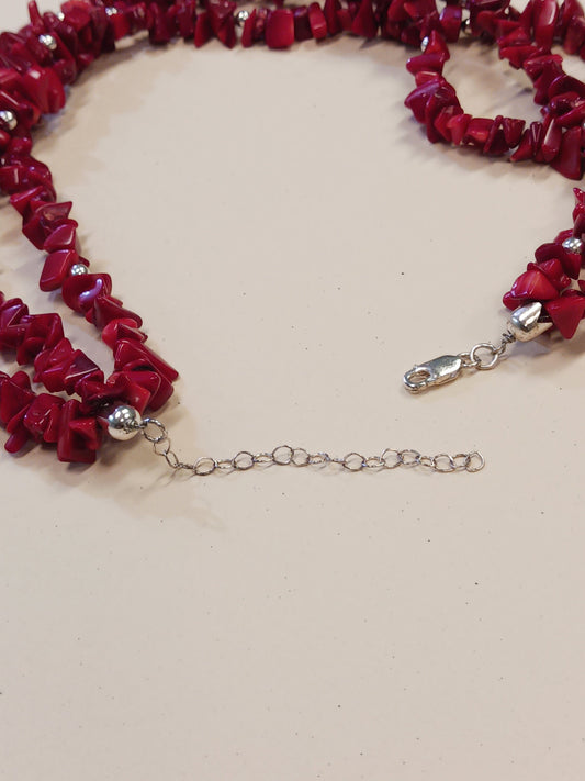 Three Strand Coral Chip Necklace on .925 Silver - Vintage Coral Jewelry