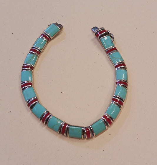 Turquoise and Coral Inlays on .925 Silver Bracelet - Vintage 1980s