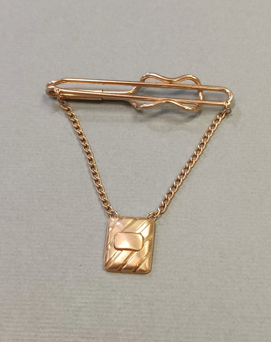 Gold Tie Bar with Chain and Pendant - Signed Hadley Menswear - Made in the U.S.A. - Retro Tie Bar- Mid Century Modern Tie Bar (m)
