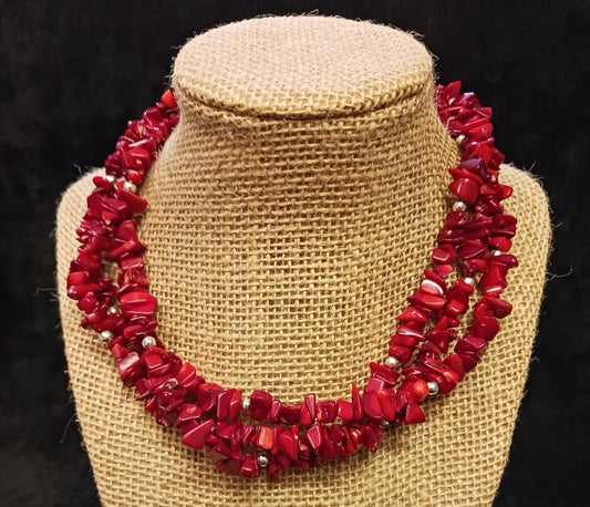 Three Strand Coral Chip Necklace on .925 Silver - Vintage Coral Jewelry