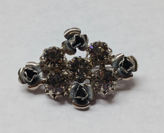 Floral Metal and Austrian Crystal Rhinestone Brooch - Made in Austria